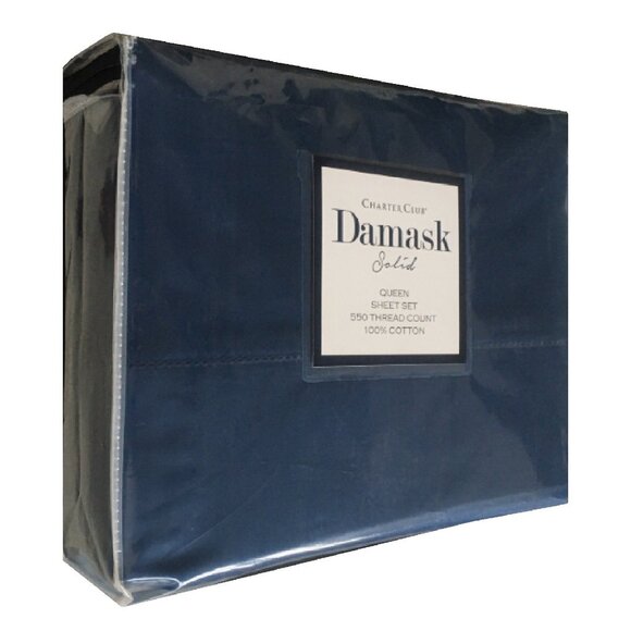 new Charter Club Damask Solid 550 TC 100% Cotton QUEEN Sheet Set in NAVY PEONY - Picture 1 of 9